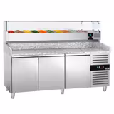 Commercial Pizza Prep Counter - Granite Top ECO - 2025x800mm - with 3 doors - incl. refrigerated topping unit with glass sneeze guard - 10x GN 1/4
