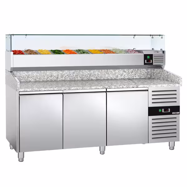 Pizzawerkbank ECO - 2025x800mm - met granieten werkblad - met 3 deuren - incl. glasvitrine - 10x GN 1/4