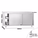Tavolo armadiato passante in acciaio inox PREMIUM - 1800x600mm - con 4 porte scorrevoli su due lati