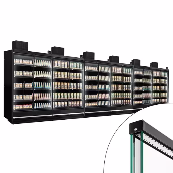 (6 pcs) Commercial multideck display fridge - 11250mm - with 4 hinged glass doors & 5 shelves - Black
