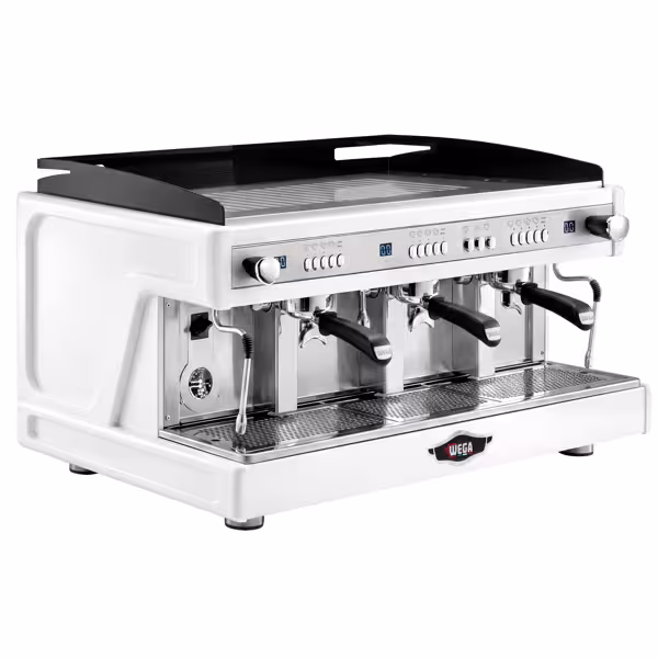 WEGA | Airy - Máquina de café com filtro - 3 grupos - 5,6 kW - com 2 batedores de leite e água quente - Branco
