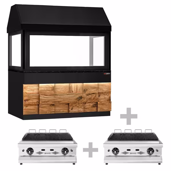 Grill gazowy TORONTO - 20,8kW - 1910mm - Wolnostojący - 880mm głębokości - Ruszt na stałej wysokości - Ruszt żeliwny - 2 strefy grzewcze - front drewniany - Blat granitowy - czarny - Osłona termiczna (szklana)