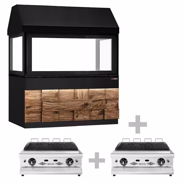 Commercial Gas Chargrill TORONTO - 1900mm - 20.8kW - 880mm Deep - 8 Grill Grids - Cast-Iron Cooking Grids - Wood-front Fascia - Black Granite Worktop - Tempered Glass Heat Guard
