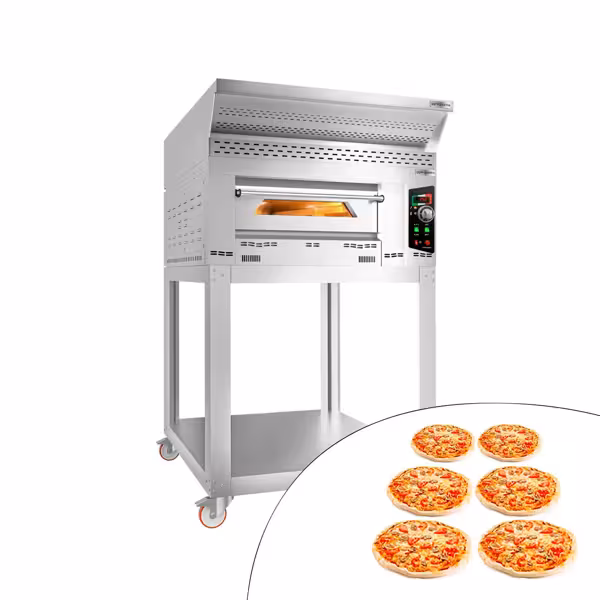 Gas pizzaoven (chamotte bakvloer) - 1130x1450x1970mm - 1 kamer - 1x6 pizza’s Ø34cm - tot 450°C - Handmatig - incl. afzuigkap, onderstel & wielstel