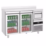 Mesa frigorífica para bar e bebidas PREMIUM - 1580x600mm - 550 L - com 2 portas de correr em vidro, alçado traseiro e batente para borras