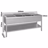 Mesa de lavagem com alçado - cuba profunda ECO - 2000x700mm - com prateleira inferior - com 2 cuba(s) ao centro