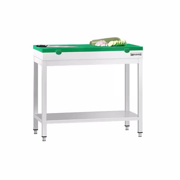 Tavolo da lavoro in acciaio inox PREMIUM - 800x700mm - con ripiano inferiore & traversi di rinforzo - con tagliere in polietilene Verde