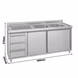 Commercial Sink Cabinet ECO - 1800x600mm - with 2 bowls right-hand - 3 drawers