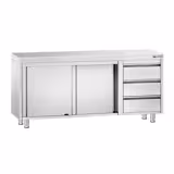 Armoire de travail en inox PREMIUM - 1800x600mm - avec 3 tiroirs à droite sans rebord	
