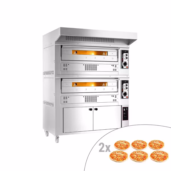 Gas pizzaoven (chamotte bakvloer) - 1450x1450x1960mm - 2 kamers - 2x6 pizza’s Ø33cm - tot 370°C - Handmatig - incl. rvs afzuigkap & rijskast
