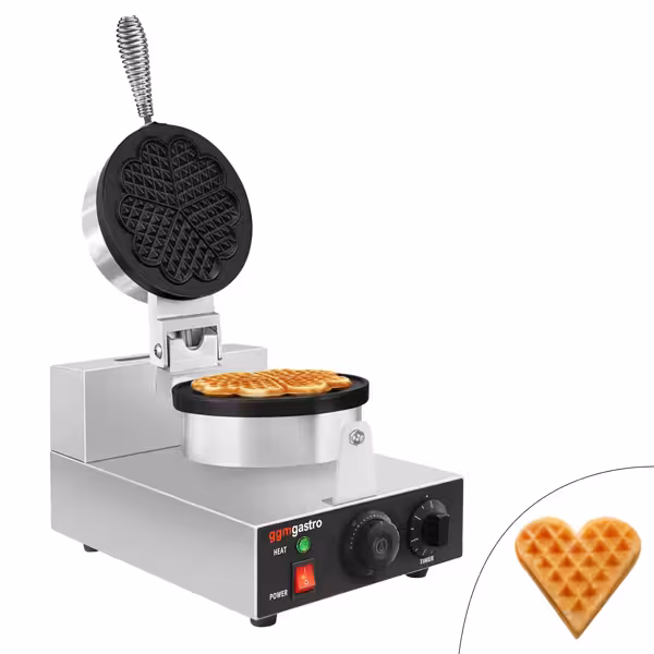 Wafelijzer - Enkel - Handmatige temperatuurregeling - 1,30kW - Vorm: Hartvorm / Hartjes - Ø 180mm - bakplaten met antiaanbaklaag (Teflon)