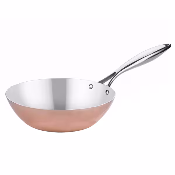 Wok fondo piatto - bordo alto - 1 manico - Alluminio, interno inox, esterno rame - spessore 2,5mm - Ø 280mm - Altezza: 90mm
