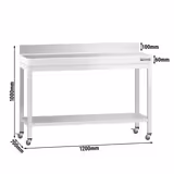 Edelstahl Arbeitstisch PREMIUM - 1200x700mm - mit Grundboden, Aufkantung & Rollen