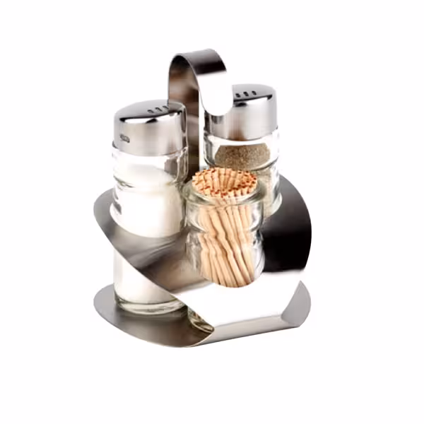 (6 pieces) Commercial condiment set PRO - Stainless steel stand - Incl. 3 glass containers