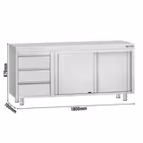 Työpöytäkaappi ECO ruostumattomasta teräksestä - 1800x700mm - 3 laatikkoa vasemmalla ilman koroketta