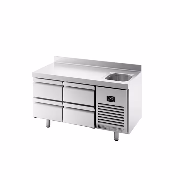 Kühltisch Premium PLUS - 1468x700mm - mit 1 Becken, 4 Schubladen - Aufkantung
