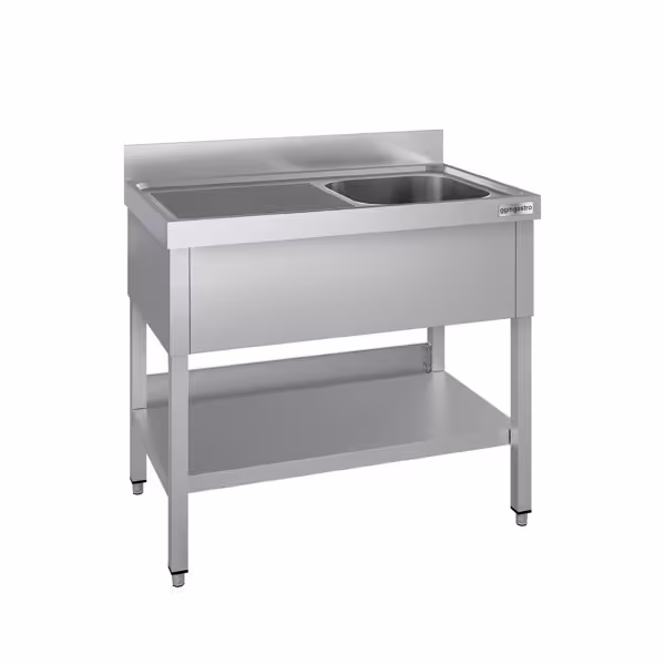 Diskbänk i rostfritt stål ECO - 1000x600 mm - med underhylla - 1 ho höger - med stänkskydd