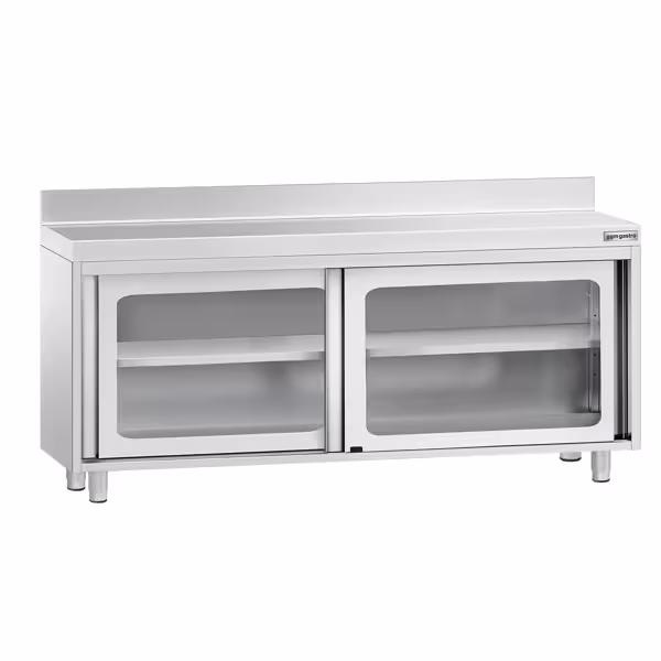 Paslanmaz Çelik Dolaplı Çalışma Tezgahı PREMIUM - 1800x600mm - ile Cam Sürgülü Kapılı & Ara Raflı & Sırt