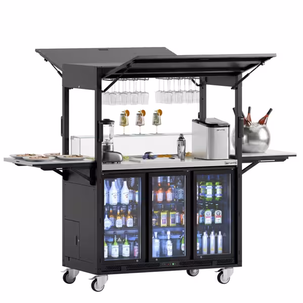 Stație mobilă pentru cocktailuri - cu frigider bar, suprafață de lucru, suport pentru pahare și iluminare LED - pliabilă