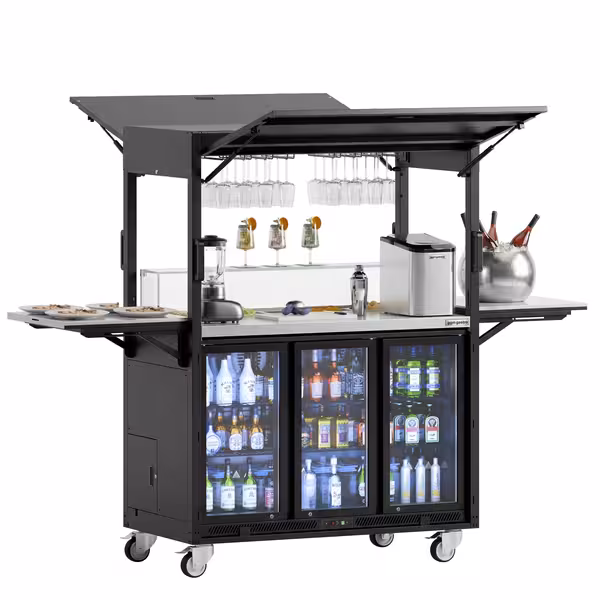 Liikuteltava cocktail-asema - baarijääkaapilla, työtasolla, lasitasolla ja LED-valaistuksella - saranoitu