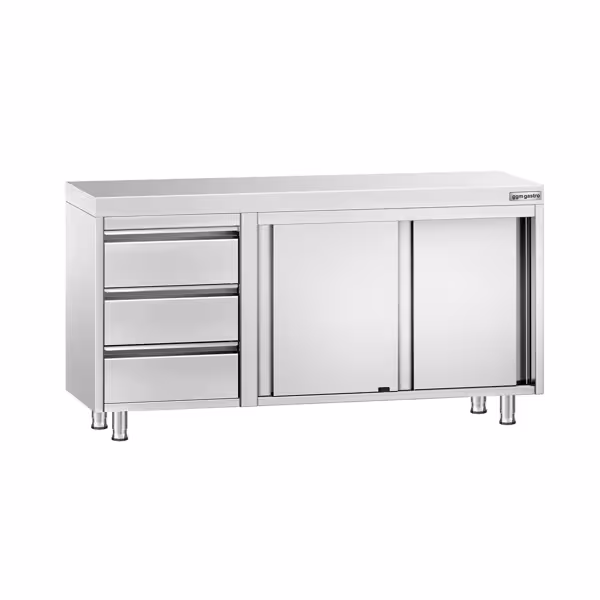 Gesloten RVS werktafel KOPENHAGEN PREMIUM - 1400x600mm - met 2 schuifdeuren, 3 laden links