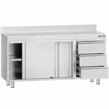 Table armoire en acier inoxydable ECO - 1600x700mm - avec 3 tiroirs à droite et portes coulissantes - avec dosseret