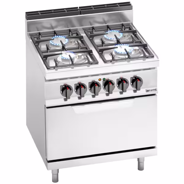 Commercial Gas Range - 21,5 kW - 4 Burners - Electric Convection Oven 7,5 kW