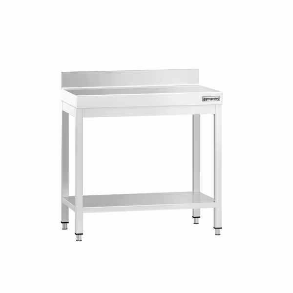 Table de travail en inox PREMIUM - 700x700mm - avec étagère basse + dosseret arrière + traverses de renfort