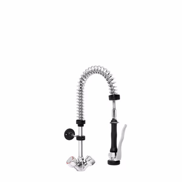 خلاط ماء بفتحة واحدة [6000] PREMIUM PLUS - مع تركيب جداري، بمقبضين، صنبور بدواسة، رأس رش قبل الغسل، 360°، موصل G1/2، ستانلس ستيل مطلي بالكروم - 590 mm