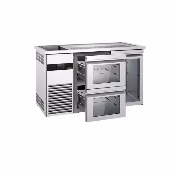 Barowy stół chłodniczy PREMIUM - 1550x700 mm - 1 szklane drzwi & 2 szklane szuflady