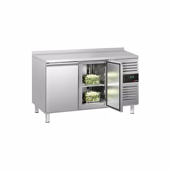 Hűtött munkaasztal ECO - 1360x700 mm - GN 1/1 - 282 liter - ventilációs - 2 ajtóval - felhajtással
