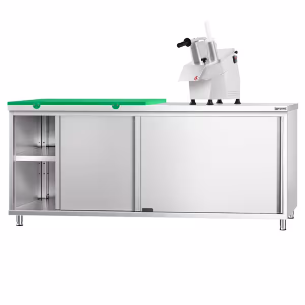 Acero inoxidable Mesa con puertas correderas PREMIUM - 2000x700mm - con estante intermedio - incl. 1/2 Tabla de corte Verde
