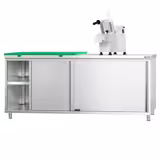 Paslanmaz Çelik Dolaplı Çalışma Tezgahı PREMIUM - Meyve ve Sebze için - 2000x600mm - ile Sürgülü Kapılı & Ara Raflı - dâhil Polietilen Kesme Tablası Yeşil