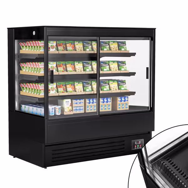 Espositore murale refrigerato - 1500 mm - 493 litri - con 2 porte scorrevoli con doppio vetro e 3 ripiani