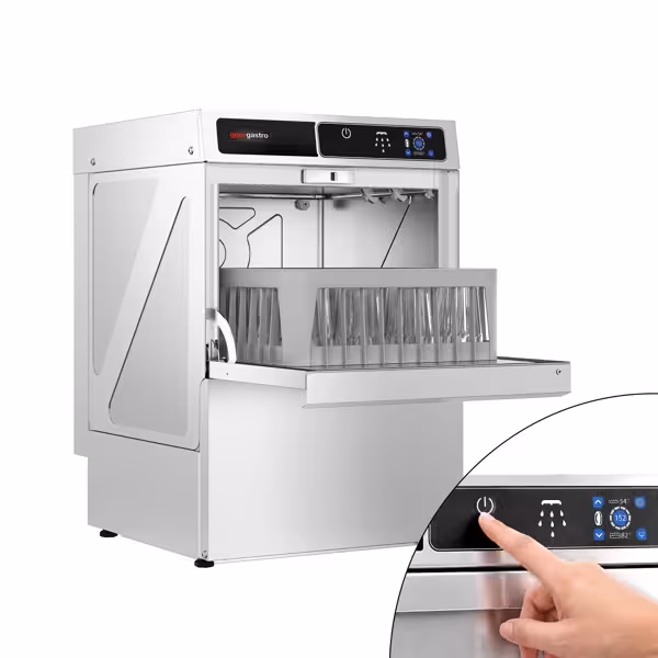 Compacte Glazenspoelmachine - 35x35cm - Touchbediening - 3,30kW - met afvoerpomp, wasmiddeldoseerpomp & naglansmiddeldoseerpomp