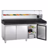 Commercial Pizza Prep Counter - Granite Top PREMIUM - 2000x800mm - with 3 doors - incl. refrigerated topping unit with glass sneeze guard - 10x GN 1/4