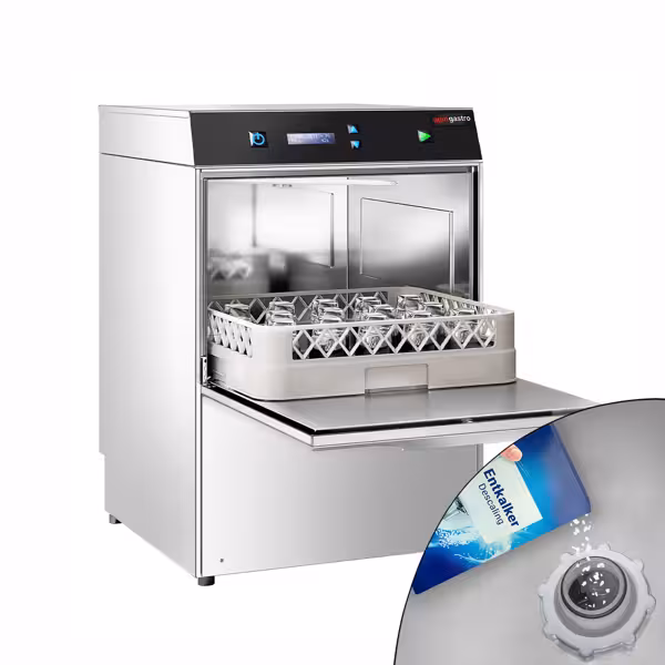 Dubbelwandige Glazenspoelmachine - 40x40cm - Digitaal - 2,97kW - met afvoerpomp, wasmiddeldoseerpomp, naglansmiddeldoseerpomp & ingebouwde waterontharder