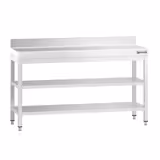 Nerezový pracovní stůl PREMIUM - 1500x600 mm - se spodní policí & se zadním lemem & s mezipolicí & s vyztuženou pracovní deskou