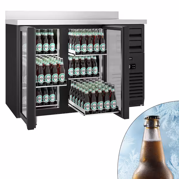 Arrière-bar réfrigéré professionnel - 1475x700 mm - 440 litres - avec 2 portes vitrées & dosseret - noir