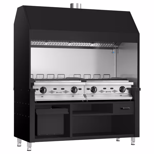 Commercial Hooded Gas Chargrill – 1760 mm Length - AISI 304 - NG/LPG - Filter Hood Ø240 - Black Finish - 4 Filters