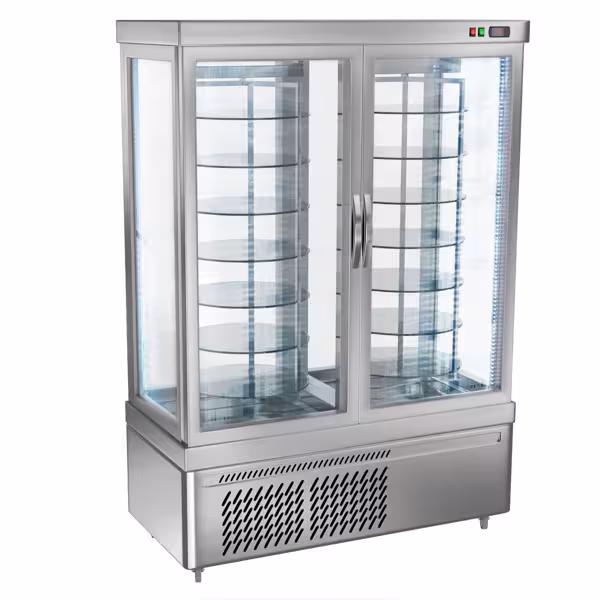4-Sided Glass Display Fridge - 935L - 1320mm - with 14 rotating shelves - 2 doors - Silver