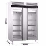 Koelkast RVS PREMIUM - GN 2/1 - 1400mm - 1350liter - tot -2°C tot +8°C - met 2 glazen deuren - geforceerde koeling, LED‑verlichting & roosters