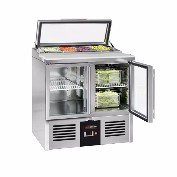 Commercial Saladette Counter PREMIUM - 900mm - 159L - 2 glass doors - for 4 x GN 1/3 & glass lid