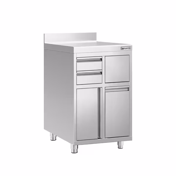 Szafka robocza – na ekspres do kawy – 600 x 600 mm – z 1 drzwiami skrzydłowymi, 2 szufladami, koszem na śmieci i listwą wykończeniową