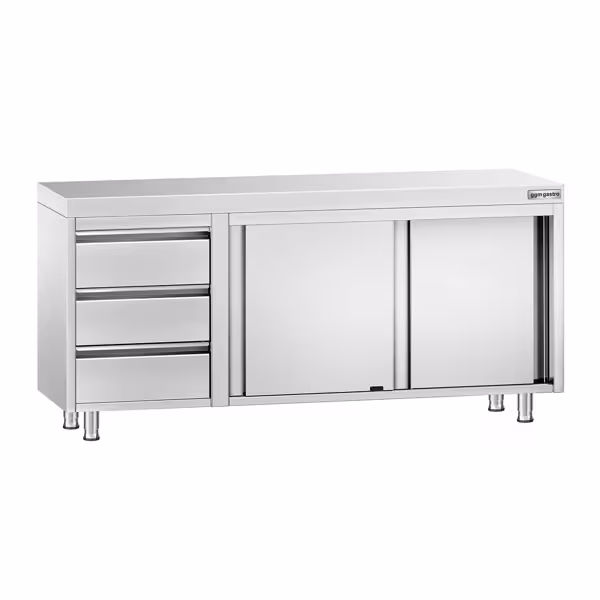 Table armoire en acier inoxydable PREMIUM - 1800x700mm - avec 3 tiroirs à gauche et portes coulissantes