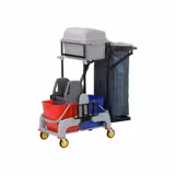 Janitorial Cleaning Trolley - Open - with 1 shelves & laundry bag - Grey