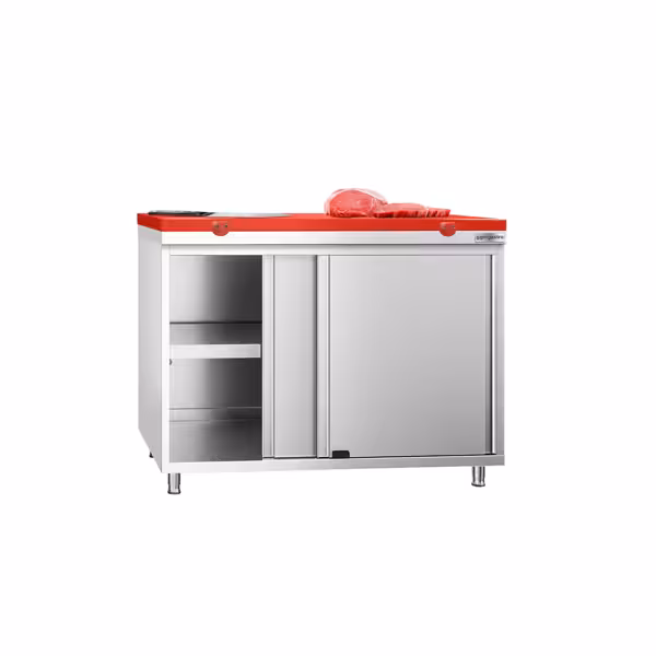 Paslanmaz Çelik Dolaplı Hazırlık Tezgahı PREMIUM -1000x600 mm - sürgü kapaklı, sırtsız, kırmızı kesme tahtası dahil