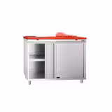 Tavolo armadiato in acciaio inox PREMIUM - 1000x700 mm - con porta scorrevole senza alzatina incl. tagliere rosso
