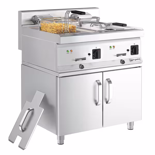 Elektrická dvojitá fritéza - 10+10 l - 18,0 kW - s vypouštěcím kohoutem - vč. podstavce se 2 dveřmi