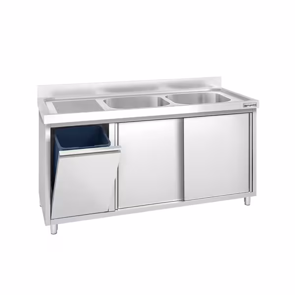 Стіл‑тумба з мийкою PREMIUM - з нержавіючої сталі AISI 304 - 1400x700 мм - з AIR-WOLF - відром для сміття - 2‑секційна справа